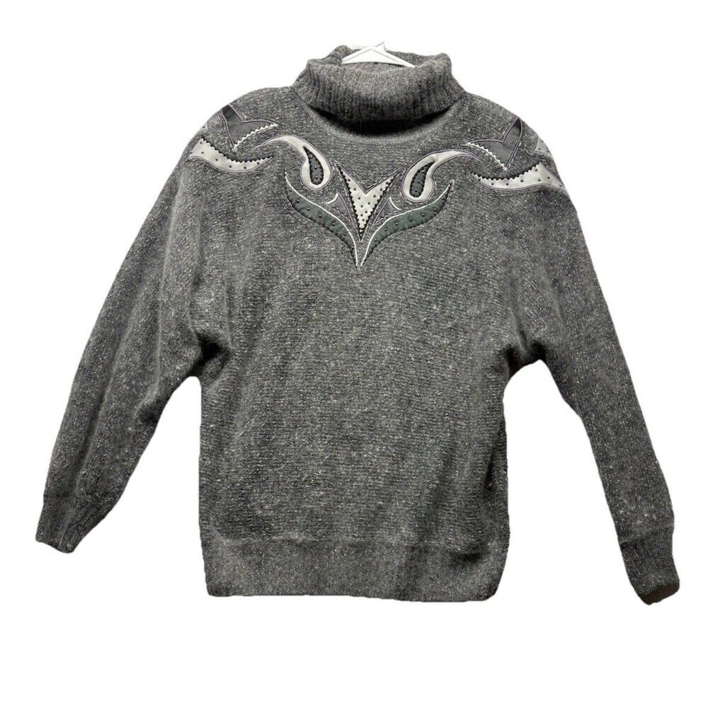 Vintage Silk Angora Wool Blend Gray Paisley Beaded Turtleneck Sweater Sz Small